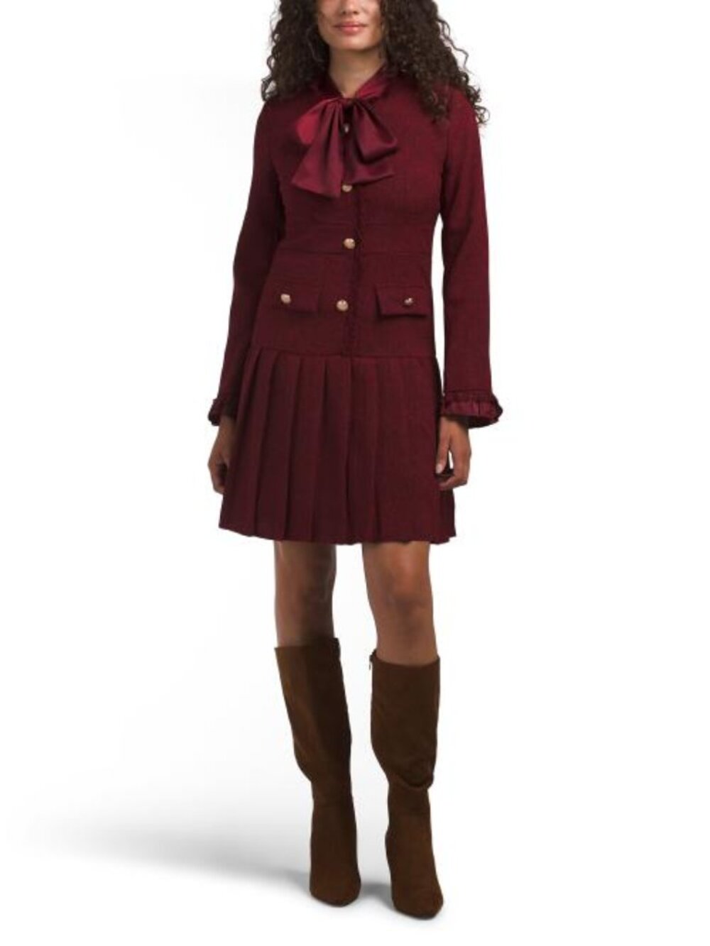 DALIA MACPHEE Long Sleeve Tweed Mini Dress With Bow Neck
